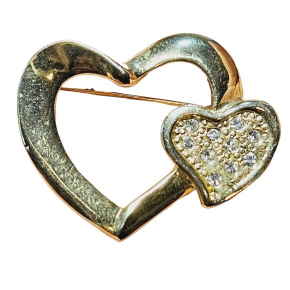 Vtg Overlapping Hearts Brooch Double Love Connection Rhinestones Pin Gold Tone - Picture 3 of 7